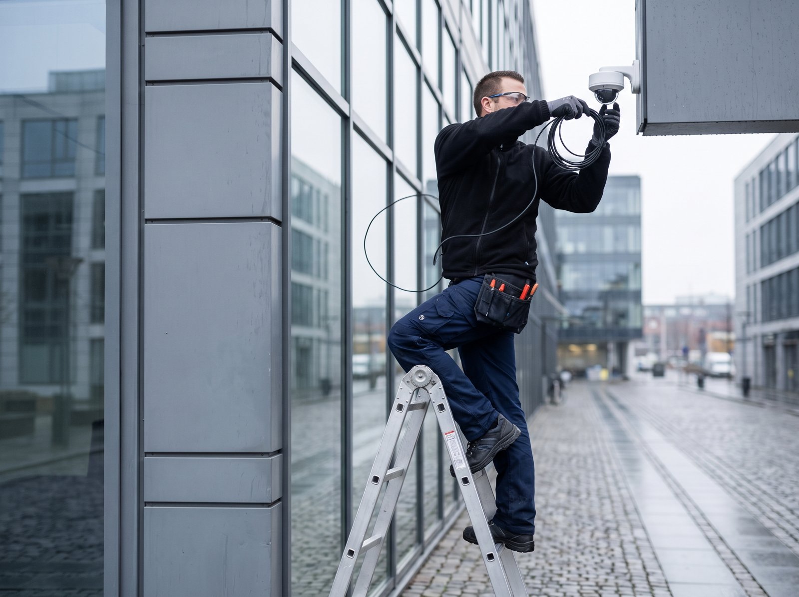 Tekniker installerer sikkerhedsudstyr på bygning